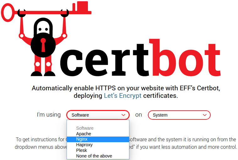 certbot select web server and os